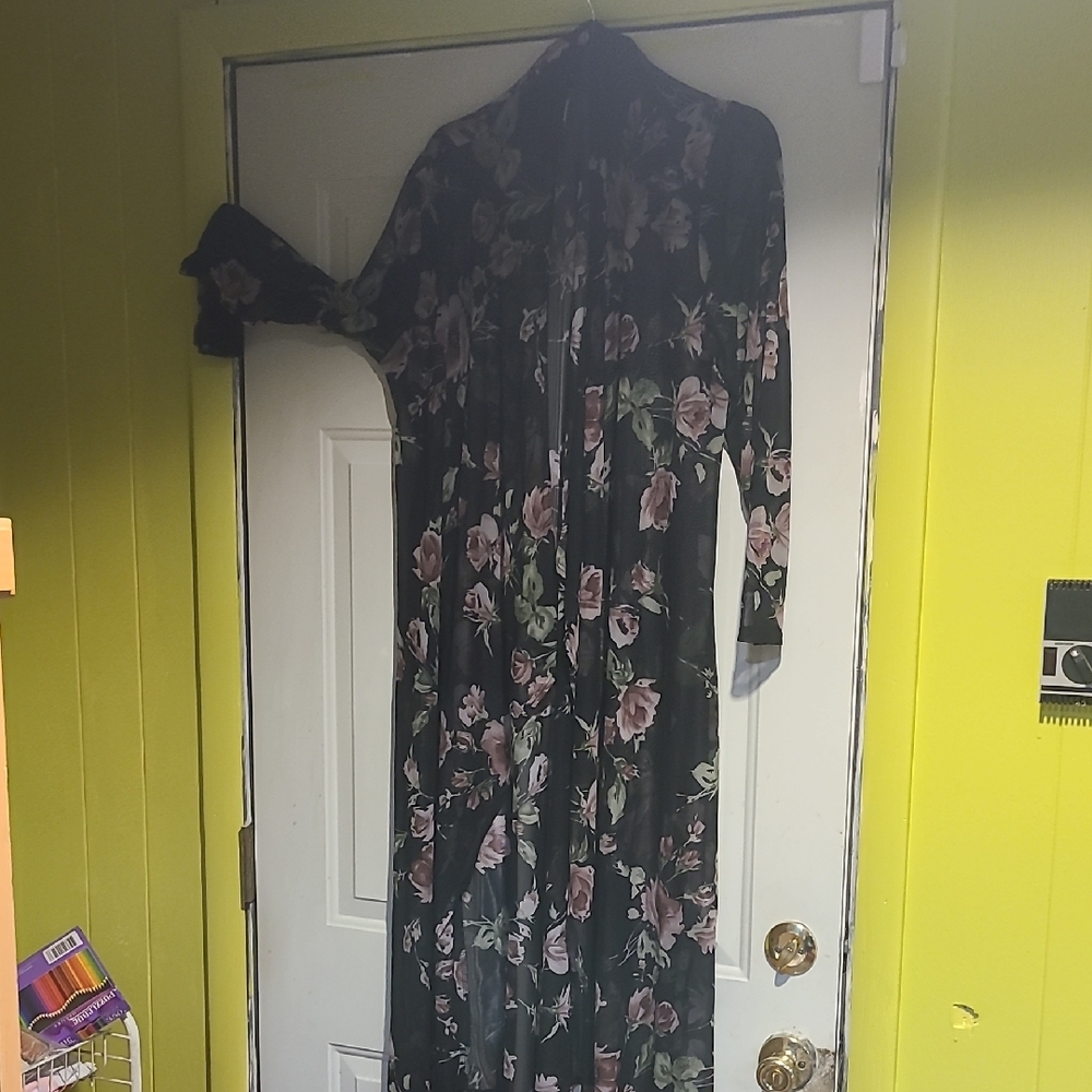 Black Floral Maxi Dress with Pink Roses - Long Sleeve